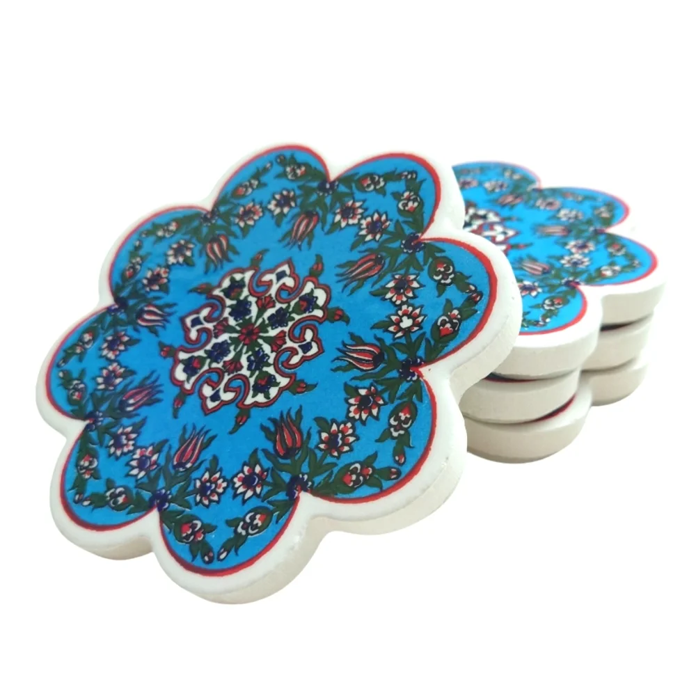 Set of 4 Blue Floral Design Handcrafted Turkish Ceramic Coasters